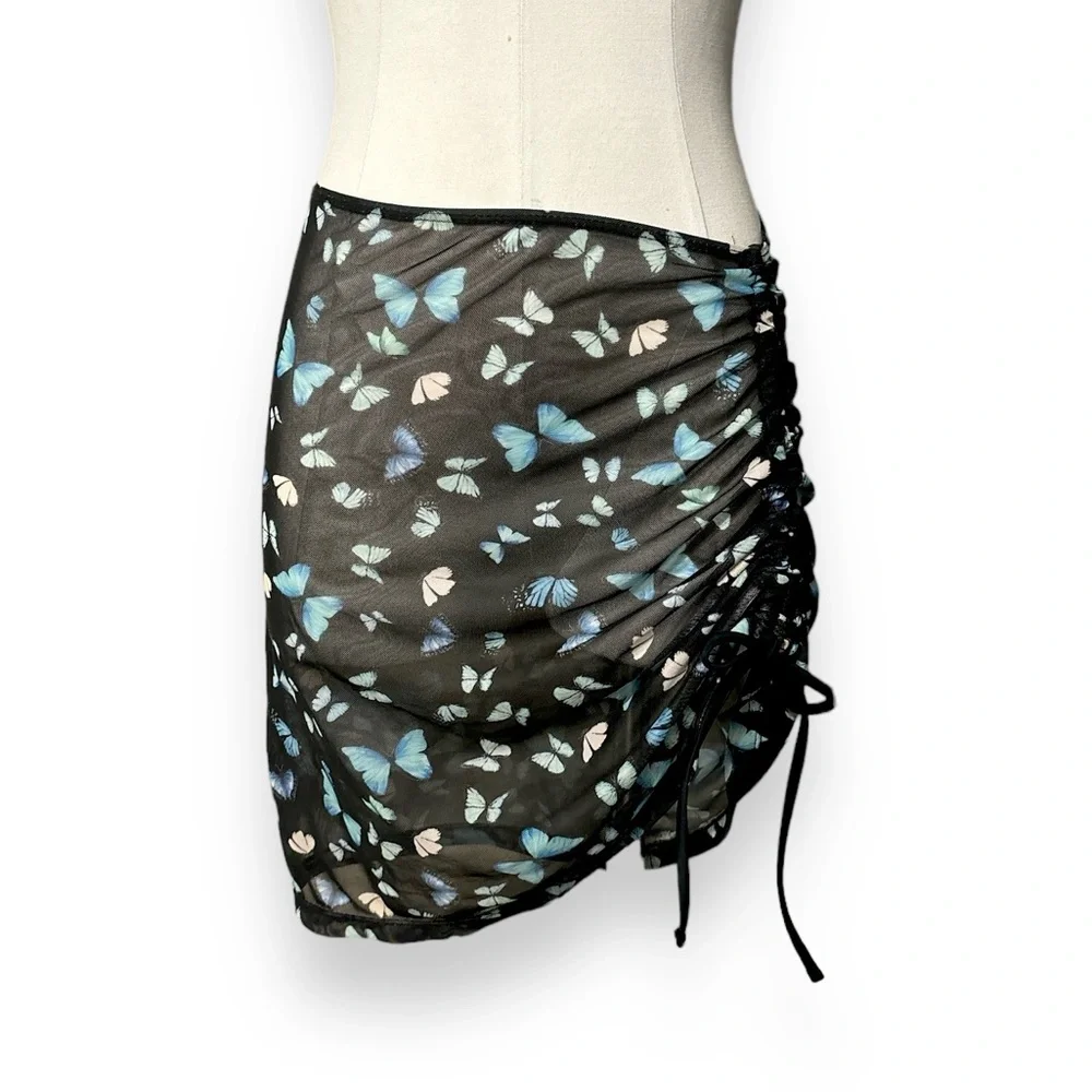 Butterfly print Mesh Cover Up with Drawstring Detail